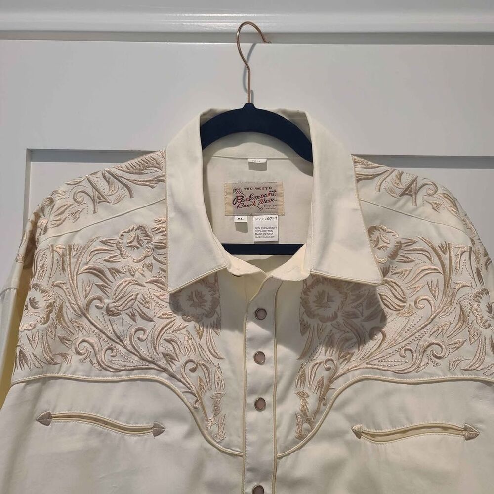 Rockmount Ranch Wear Mens Ivory-on-Ivory Embroidered Western Shirt XL Tall #6859 - Picture 2 of 9